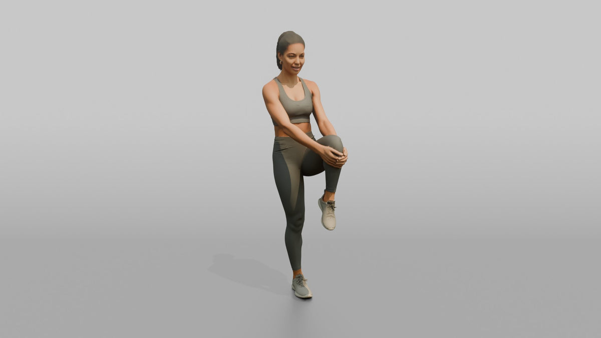 Fitness Influencer Woman Doing A Standing Knee-to-chest Stretch - 3D character model, view 2