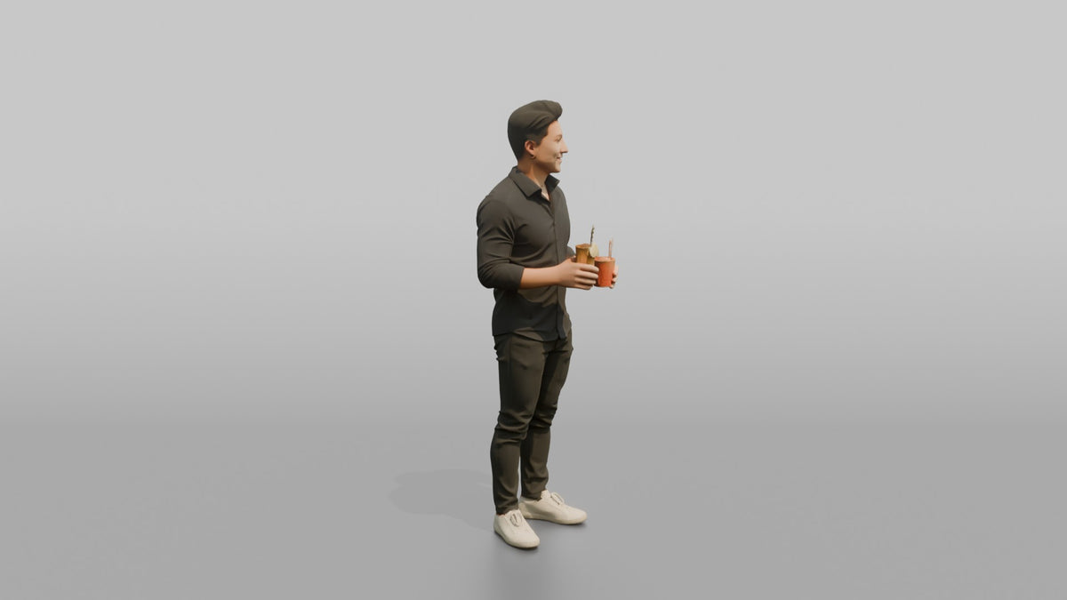 Patron Man Holding Two Drinks, One In Each Hand - 3D character model, view 2
