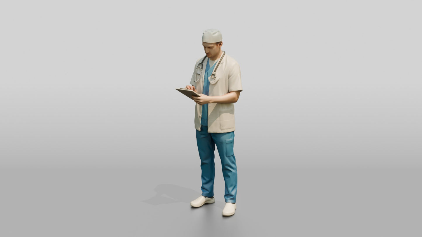 Young White Man Doctor Writing on Clipboard