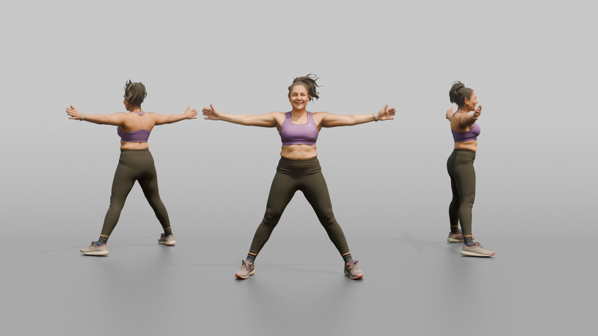 Cardio Athlete Woman Mid-jumping-jack, Arms Out To The Sides - 3D character model, view 1