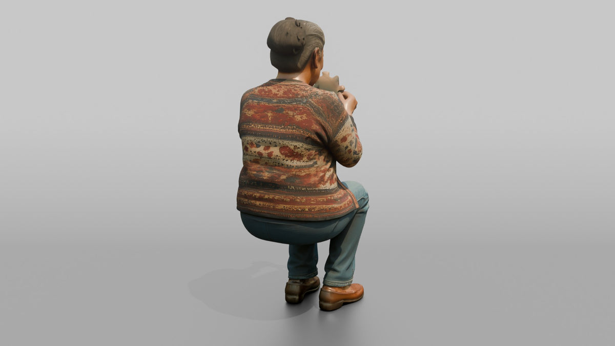 Grandmother Holding A Jigsaw Puzzle Piece, Examining It - 3D character model, view 3