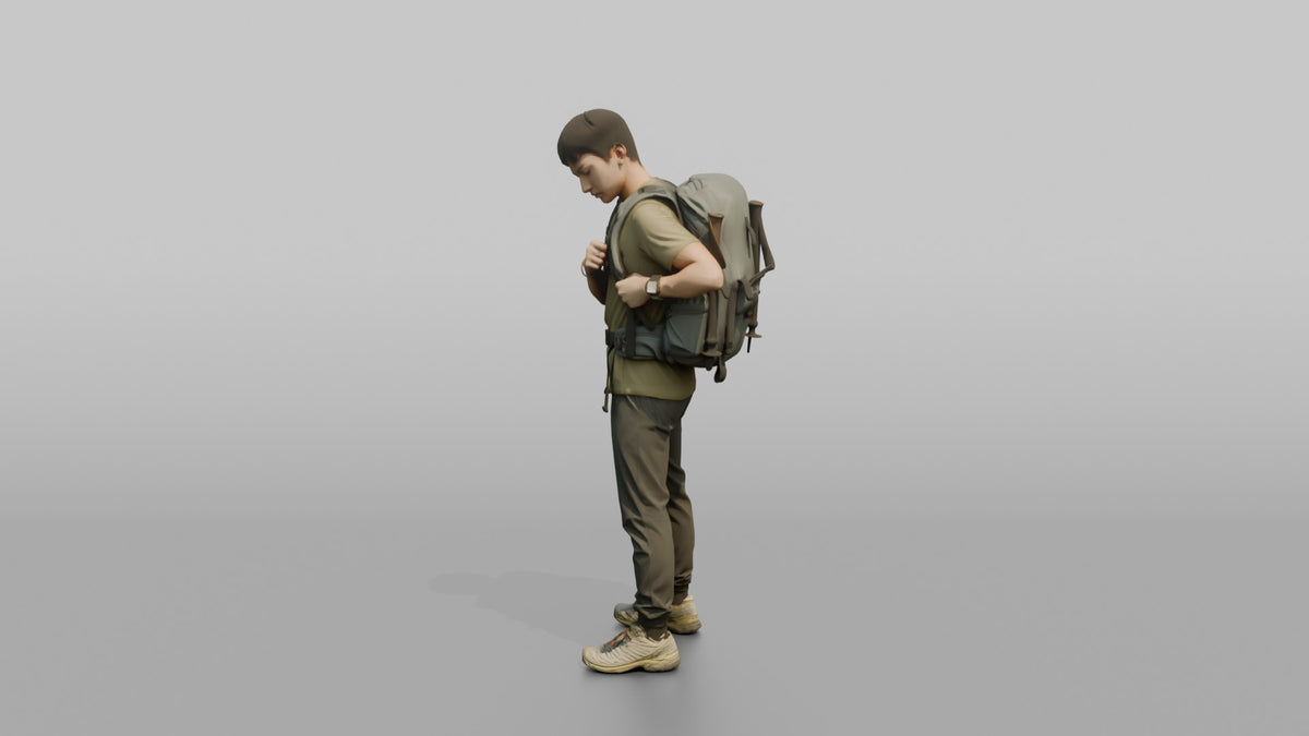Hiker Adjusting His Backpack Strap - 3D character model, view 4