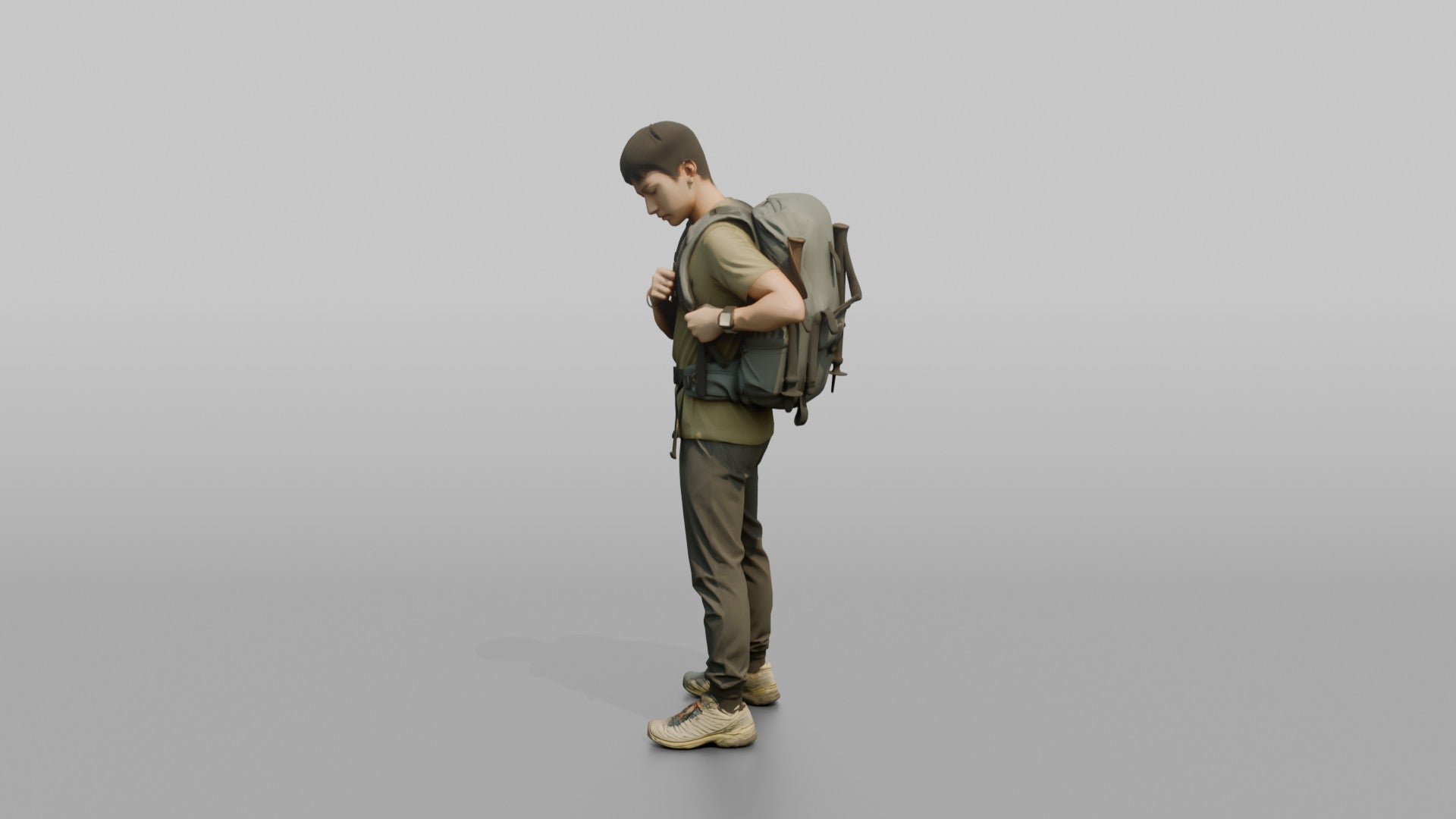 Hiker Adjusting His Backpack Strap