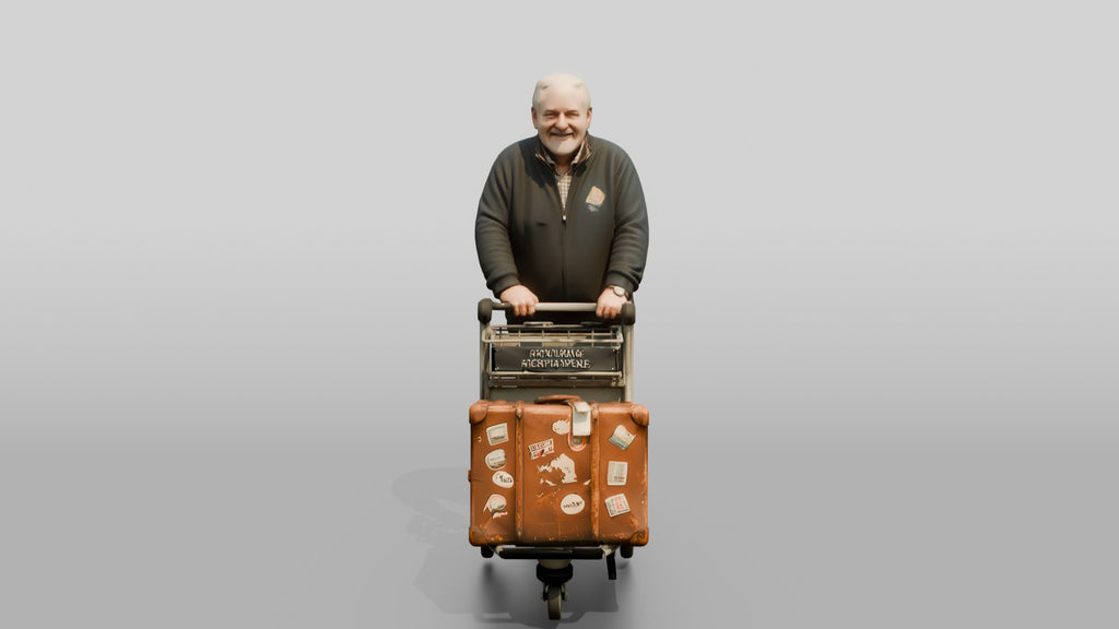 Elderly Bald Man Pushing Luggage Cart with Vintage Suitcase