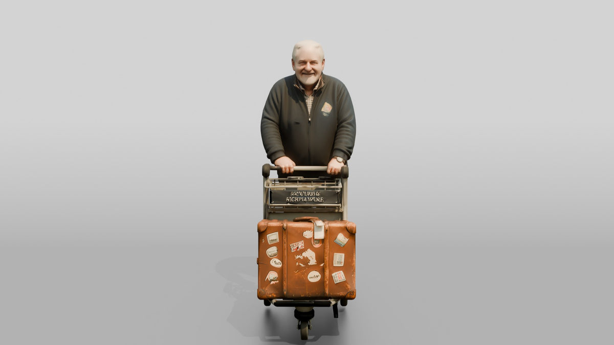 Elderly Bald Man Pushing Luggage Cart with Vintage Suitcase - 3D character model, view 5