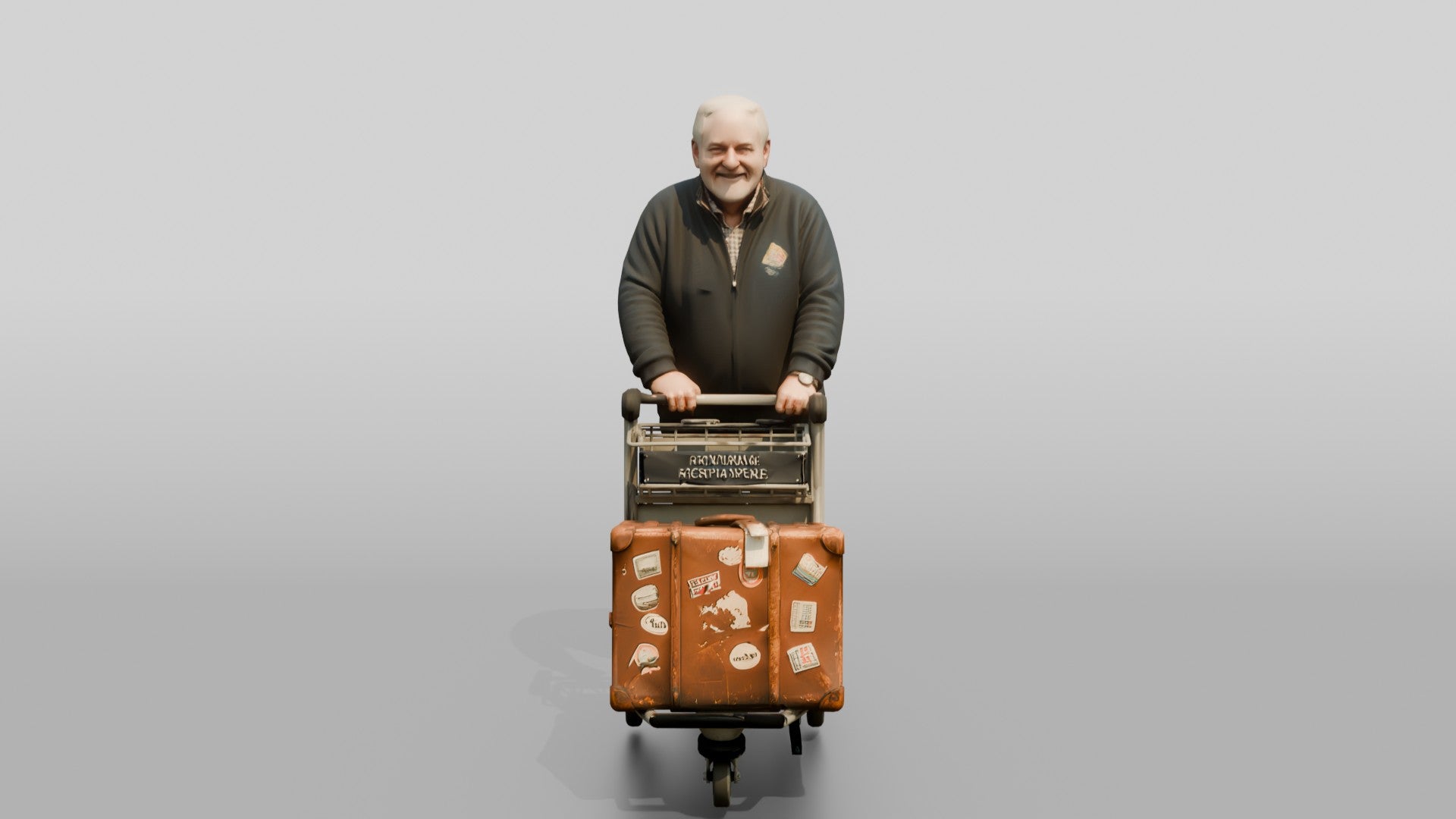 Elderly Bald Man Pushing Luggage Cart with Vintage Suitcase