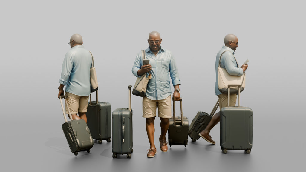 Traveler Wheeling A Suitcase And Texting