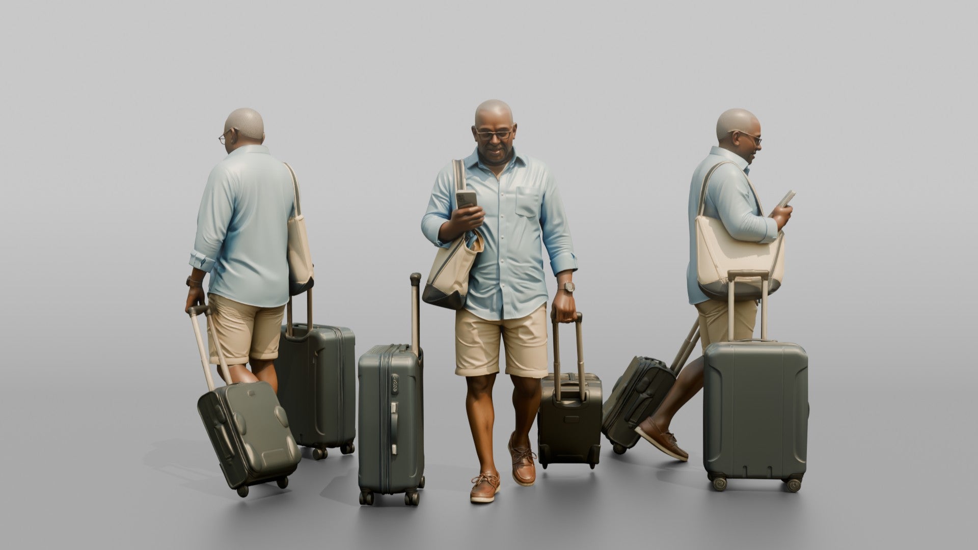 Traveler Wheeling A Suitcase And Texting
