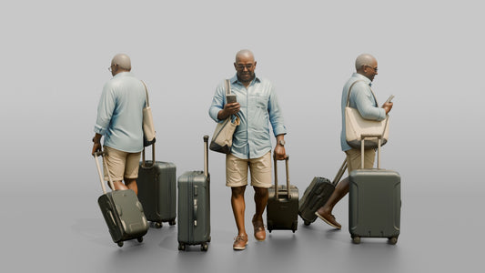 Traveler Wheeling A Suitcase And Texting