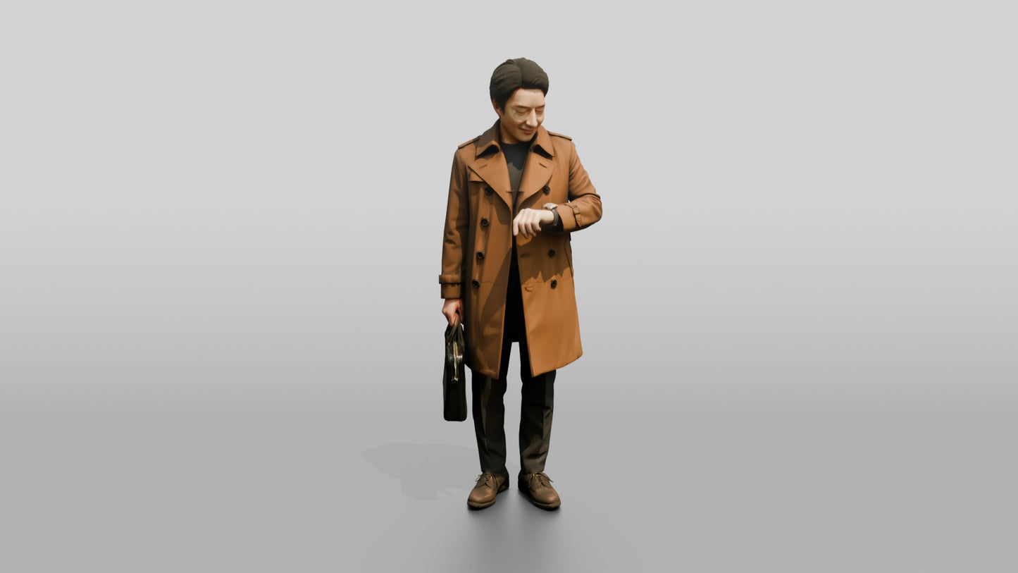East Asian Man in Brown Raincoat Checking Watch