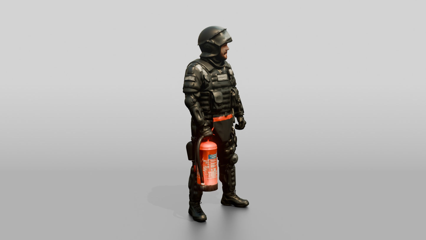 Riot Police Officer with Fire Extinguisher