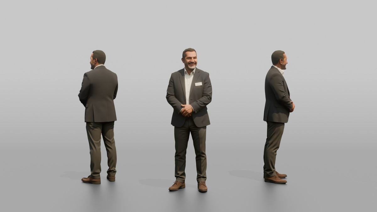 Host Man Standing With Hands Folded, Welcoming Posture - 3D character model, view 1
