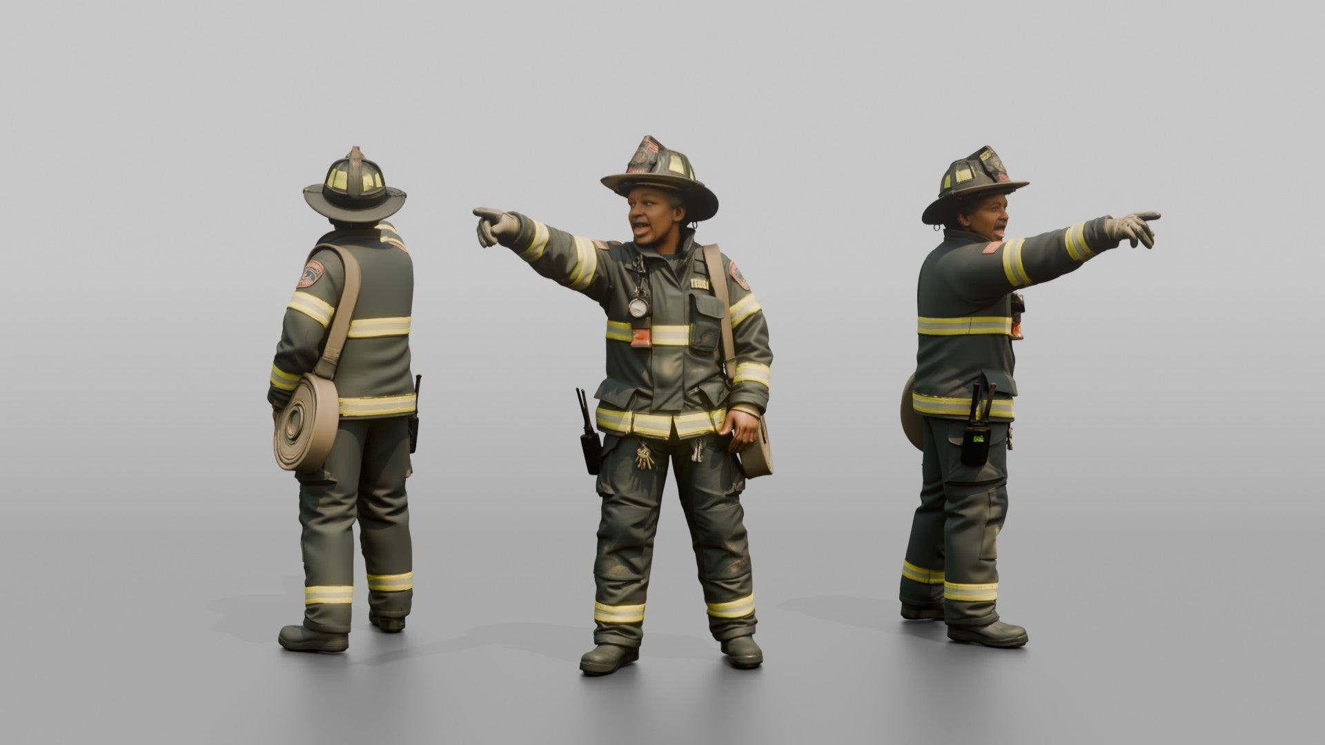 Firefighter Woman Pointing Urgently Off-camera While Calling Out Instructions