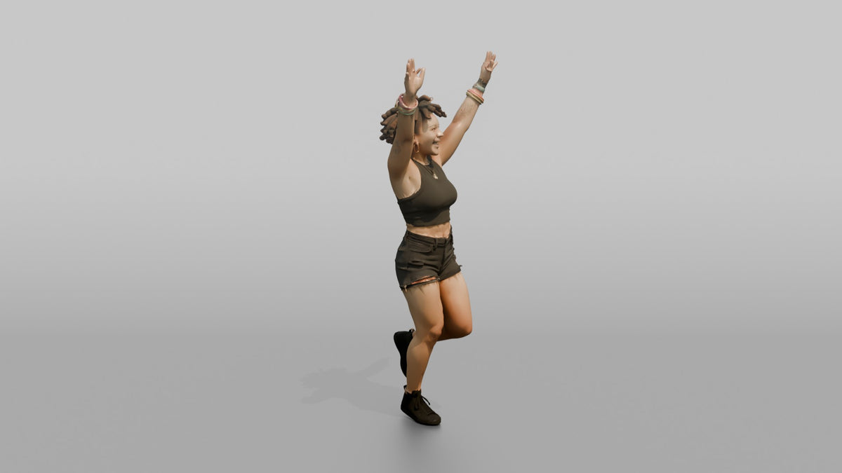 Patron Woman Dancing With Both Hands Up, Glow Stick Bracelets Visible - 3D character model, view 2