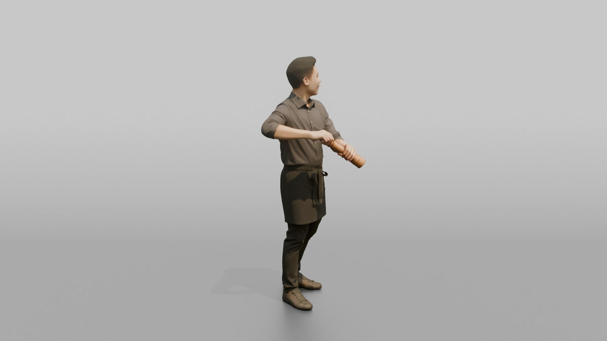 Server Woman Holding A Pepper Grinder, Mid-grind - 3D character model, view 2