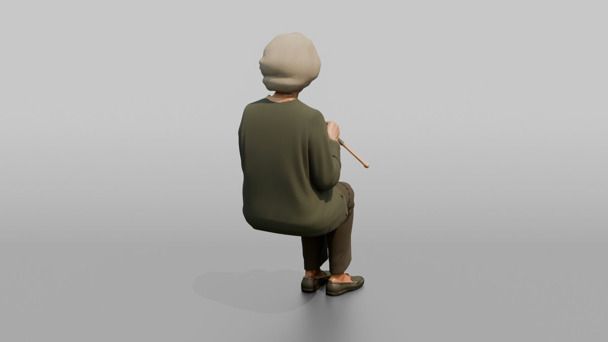 Grandmother Holding A Pair Of Knitting Needles And Yarn - 3D character model, view 3