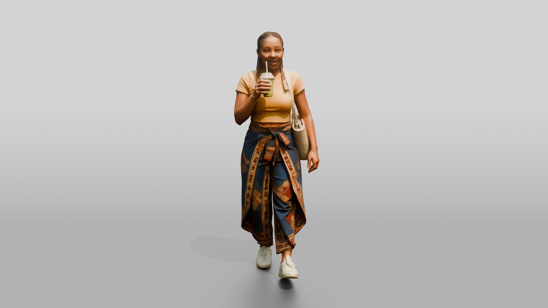 Curvy African Woman Drinking a Smoothie in Wrap Trousers