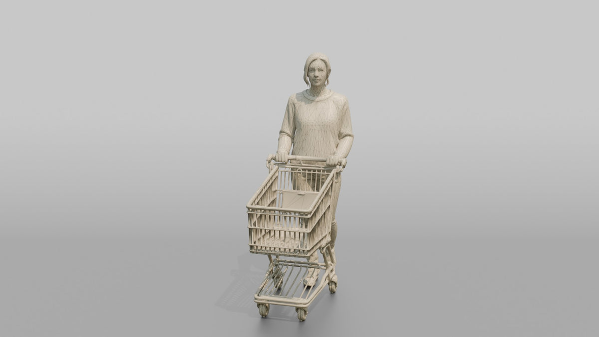 Woman Customer Pushing A Small Shopping Cart - wireframe topology preview