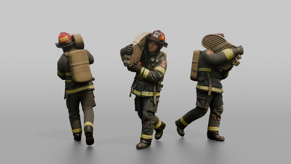 Firefighter Man Hoisting a Heavy Folded Hose Pack Onto His Shoulder - 3D character model
