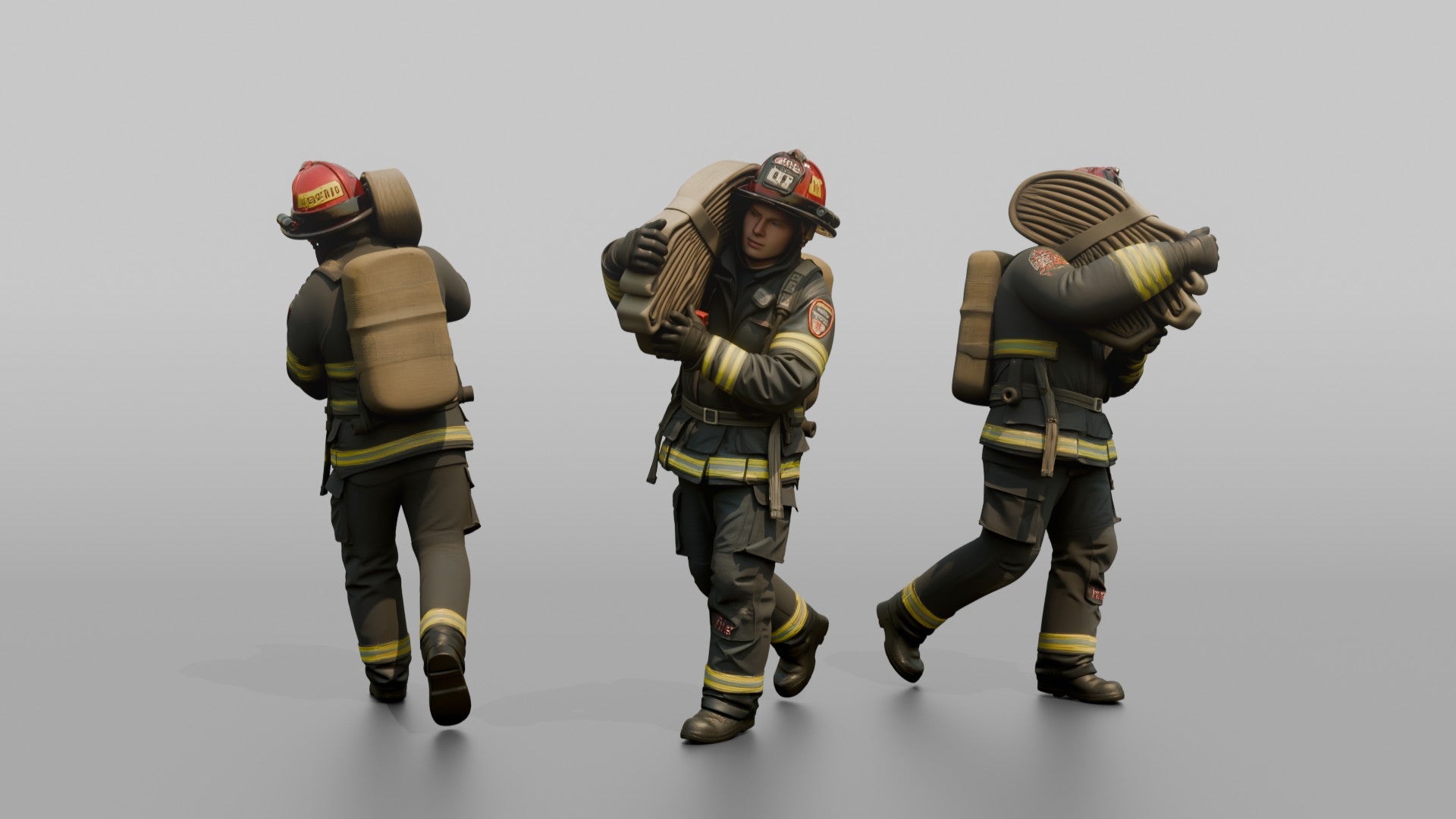 Firefighter Man Hoisting a Heavy Folded Hose Pack Onto His Shoulder