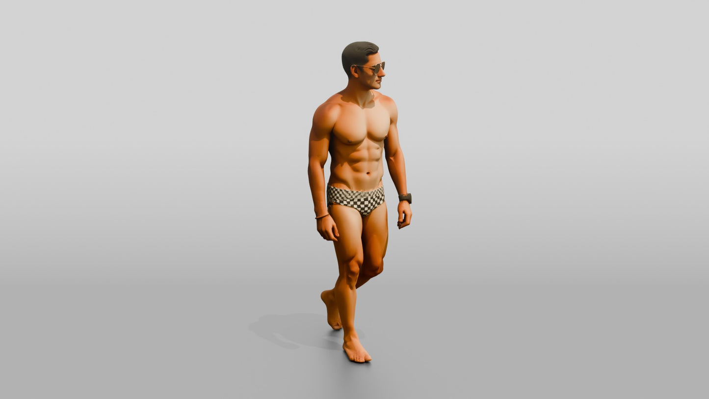 Latino Beach Athlete in Checkerboard Swim Brief