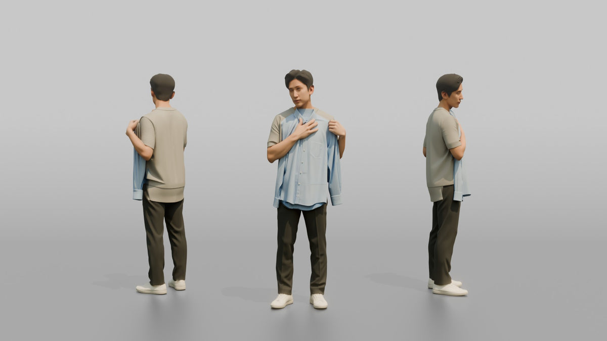 Man Customer Looking At His Reflection While Holding A Dress Shirt Against His Chest - 3D character model, view 1