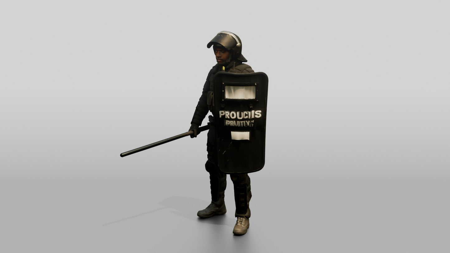 Riot Police Officer Standing with Marked Shield