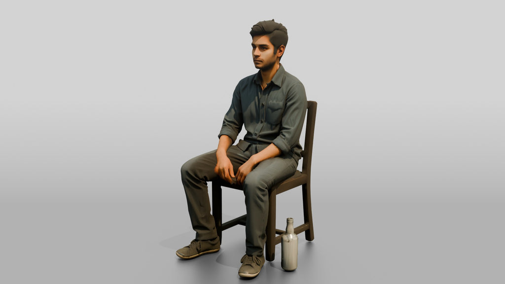 Homeless Man Staring Blankly with an Empty Bottle Nearby