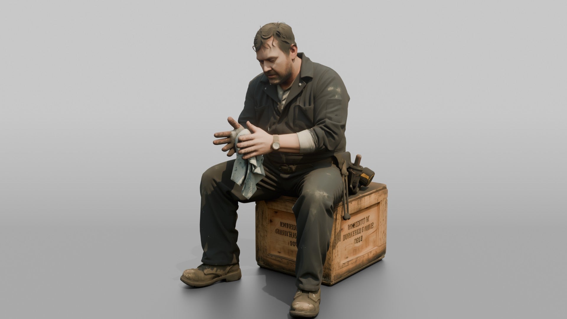 Engineer Resting on a Crate After a Long Shift
