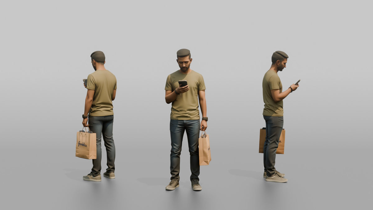 Man Customer Checking His Phone While Holding A Shopping Bag - 3D character model, view 1