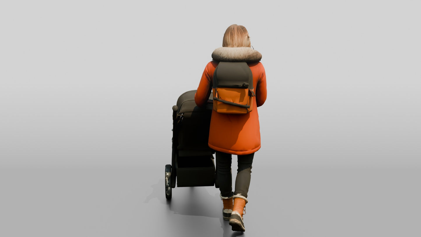 Norwegian Mother Pushing Stroller in Snow
