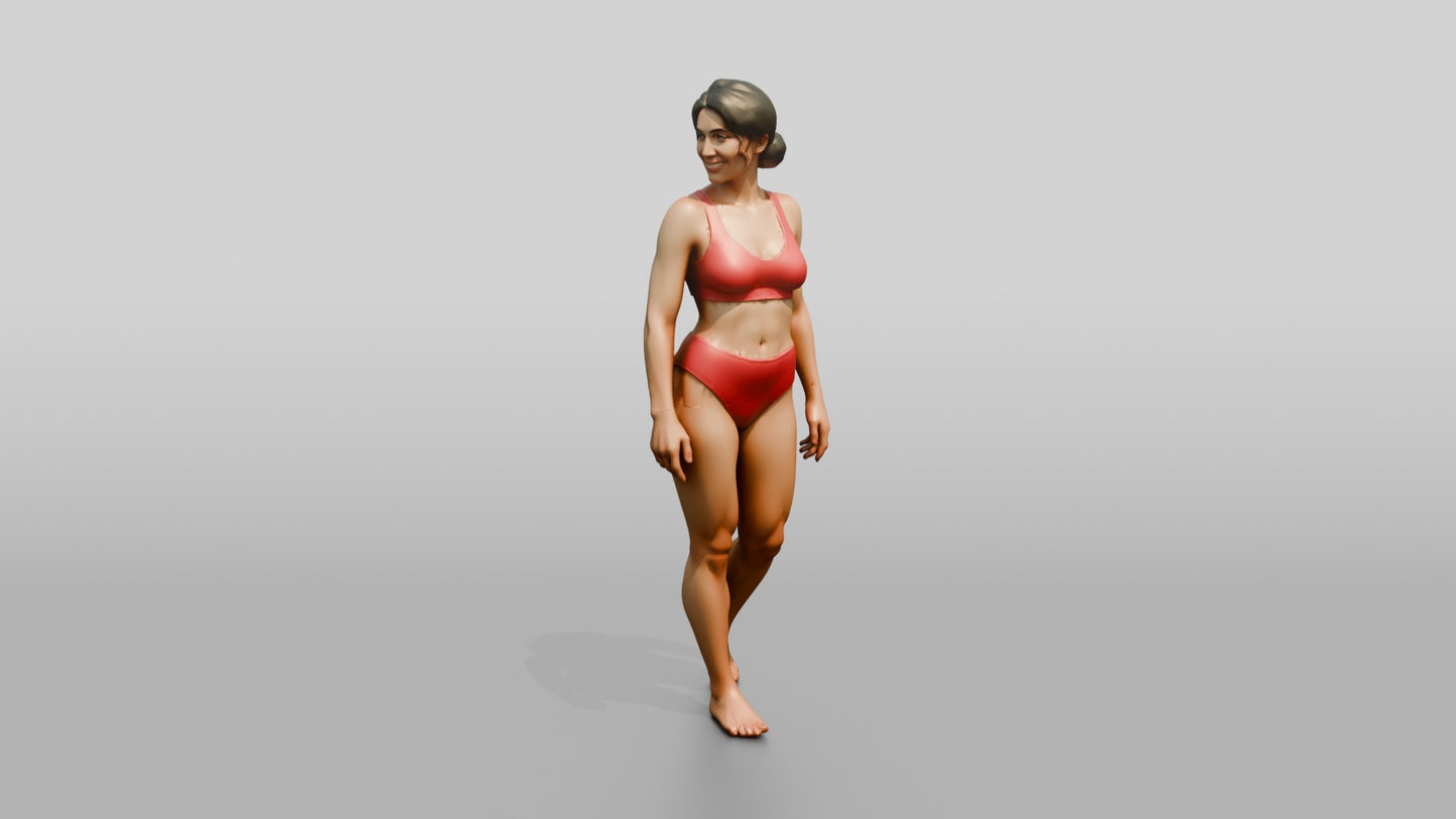 Woman in Red Two-Piece Swimsuit Walking