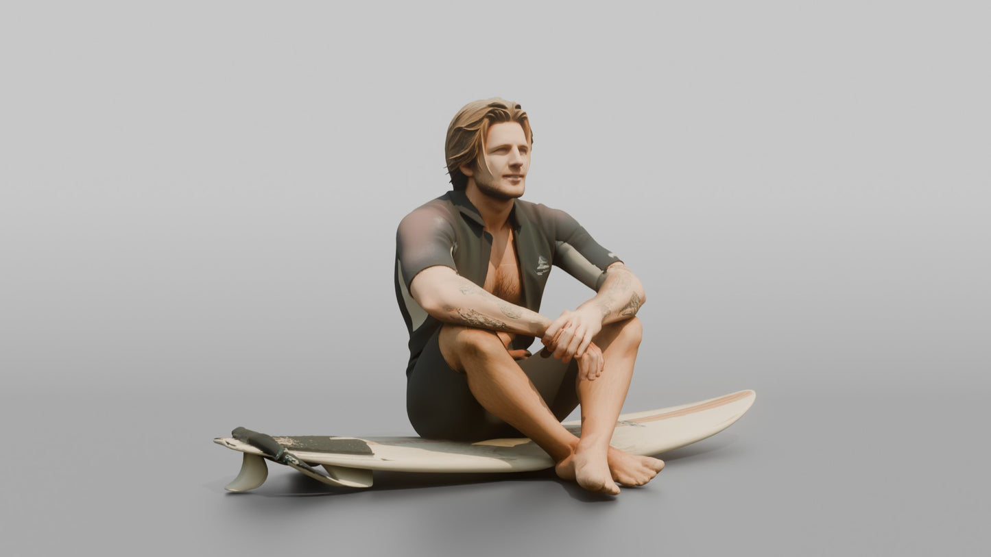 Surfer Sitting on His Surfboard