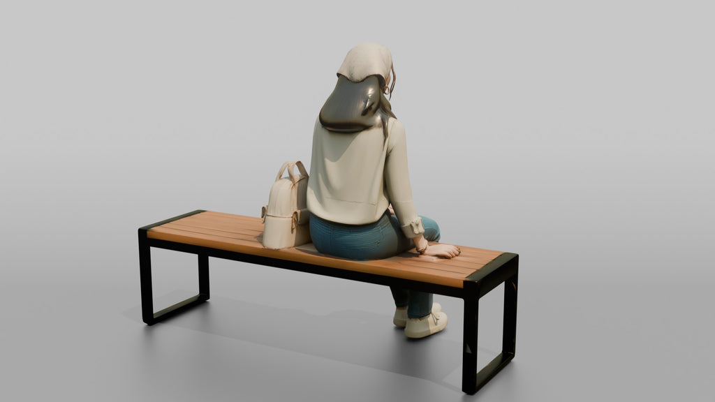 Young Woman Sitting on Bench with Backpack