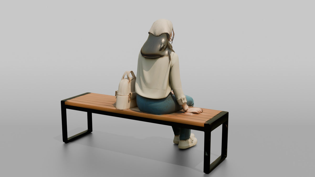 Young Woman Sitting on Bench with Backpack - 3D character model, view 3