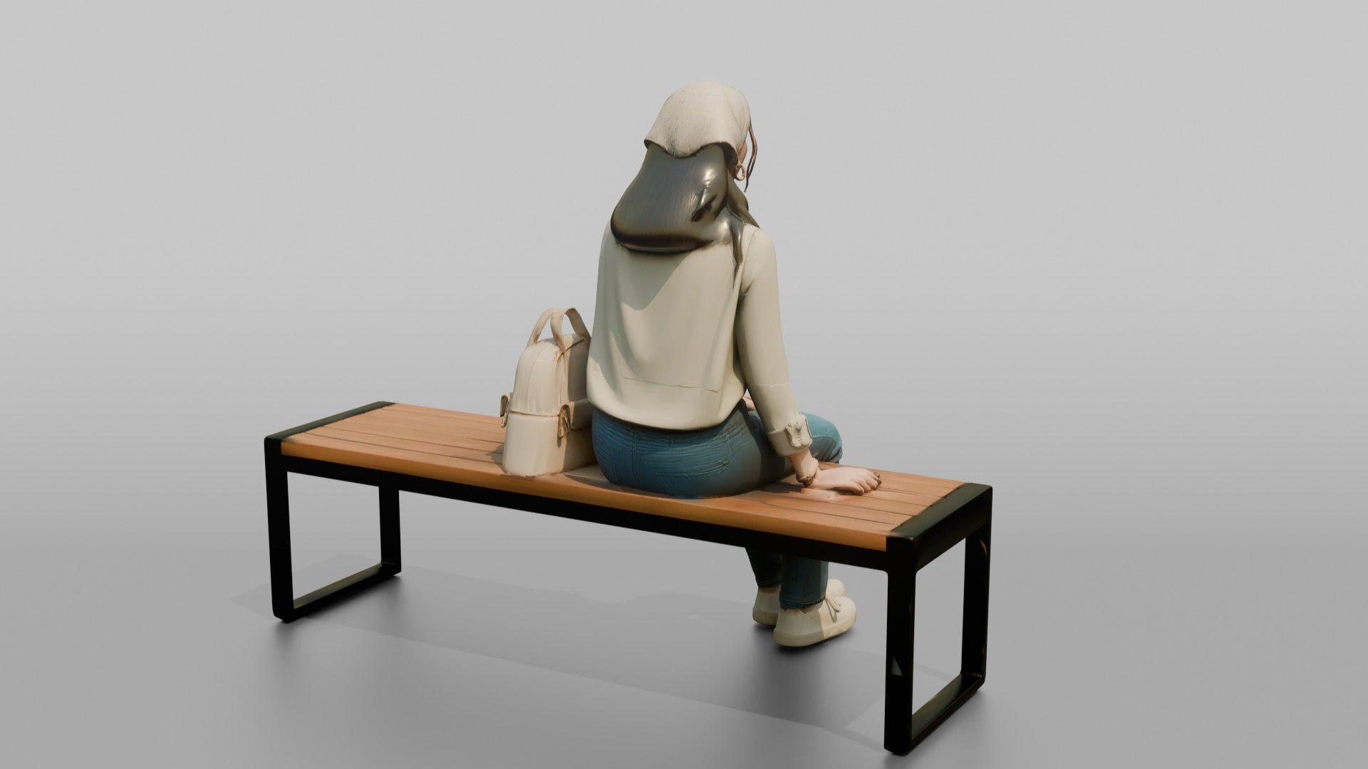 Young Woman Sitting on Bench with Backpack