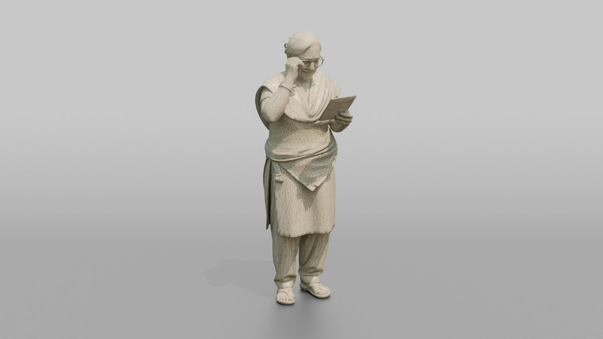 Grandmother Adjusting Her Glasses While Reading A Recipe Card - wireframe topology preview