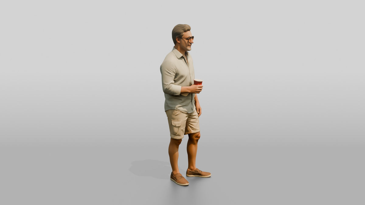 Older Hippie in Sunglasses with a Drink - 3D character model, view 2