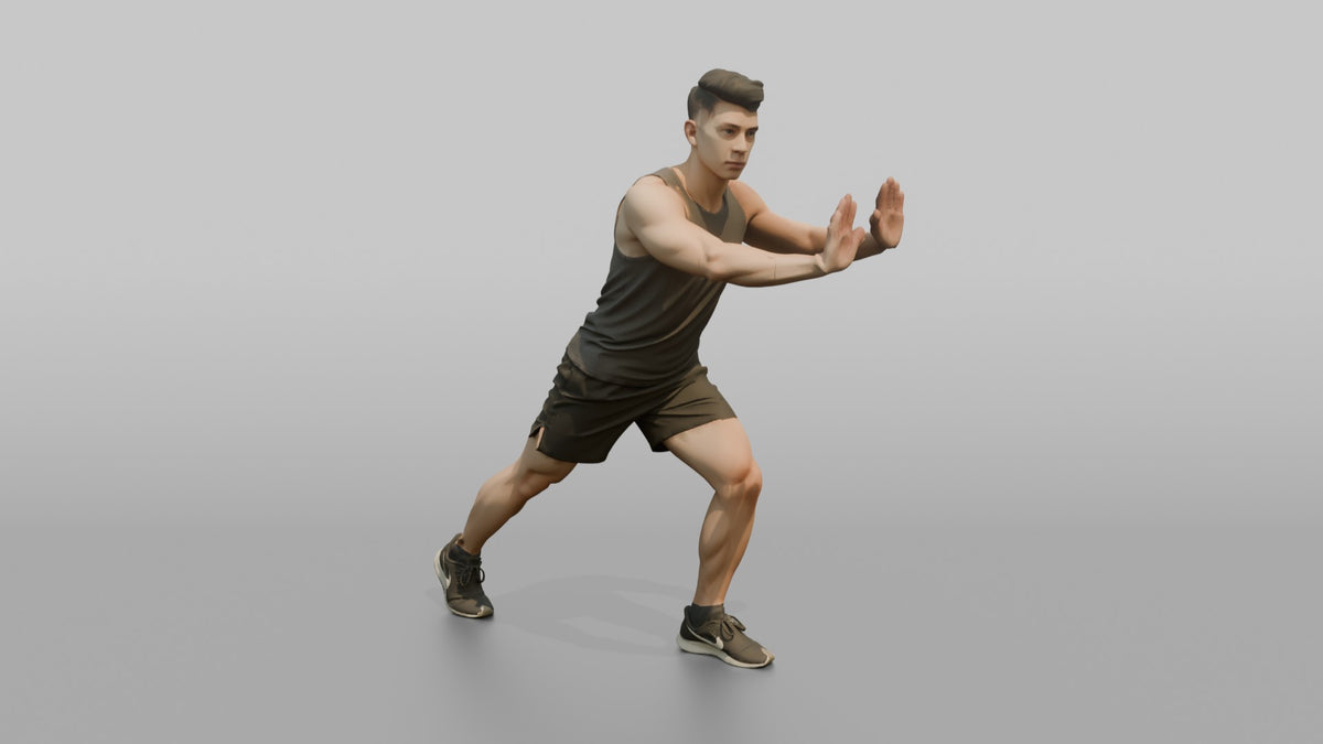 Fitness Influencer Man Doing A Calf Stretch Against An Invisible Wall - 3D character model, view 4