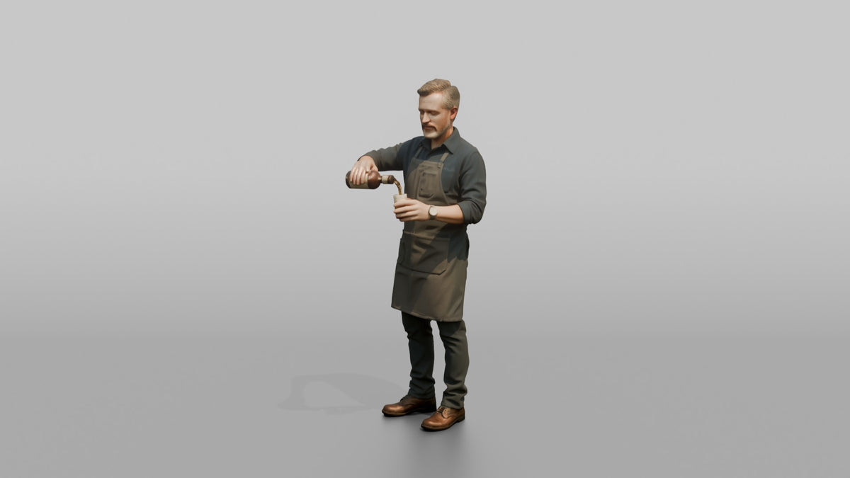 Bartender Man Pouring A Drink From A Bottle Into A Glass - 3D character model, view 4