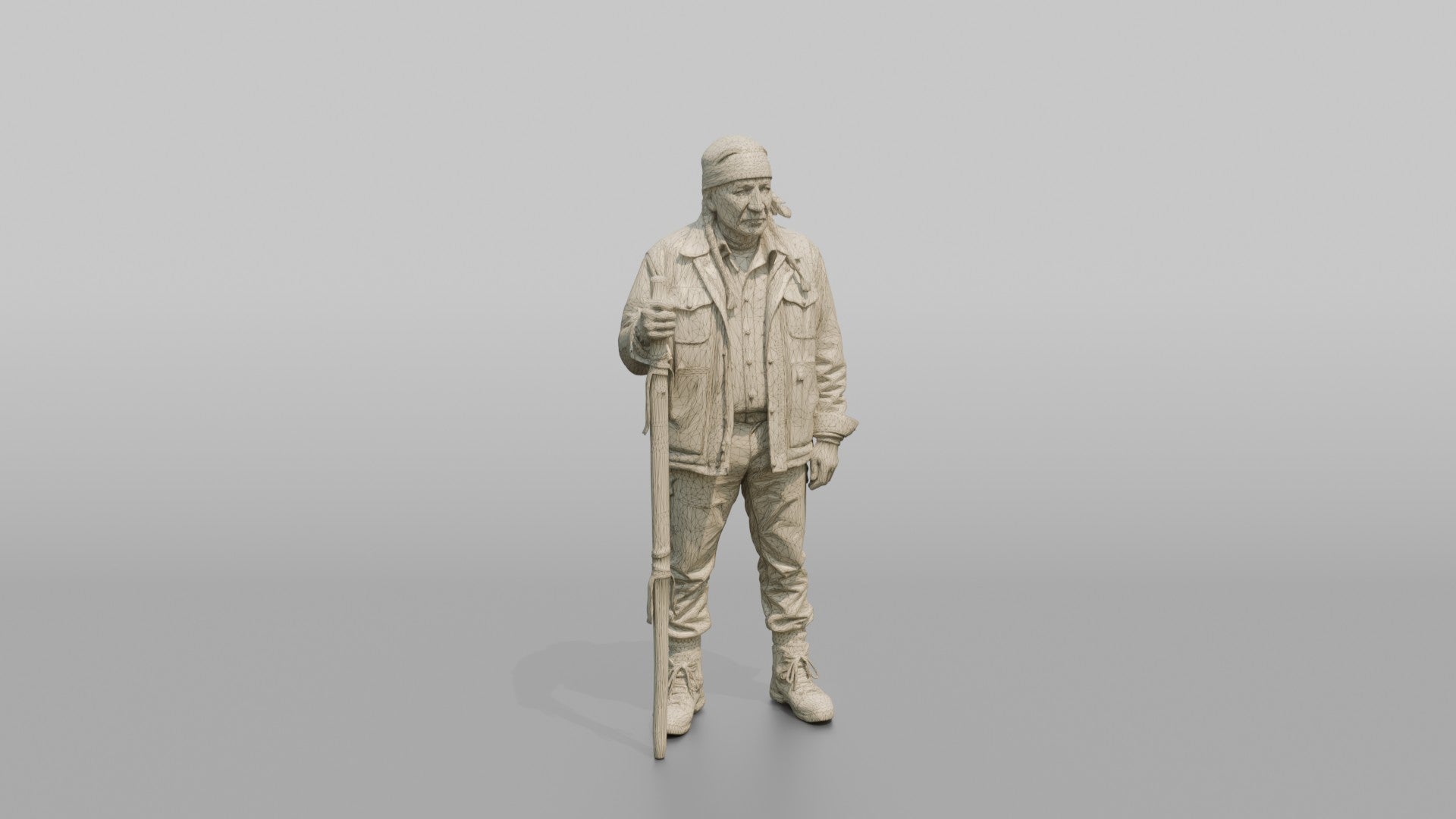 Hiker Holding a Carved Wooden Walking Stick