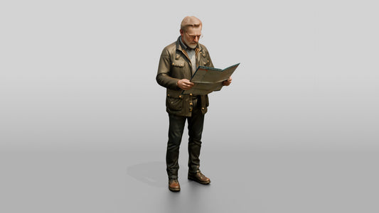 White Man in Waxed Jacket Checking a Map - 3D character model, view 1