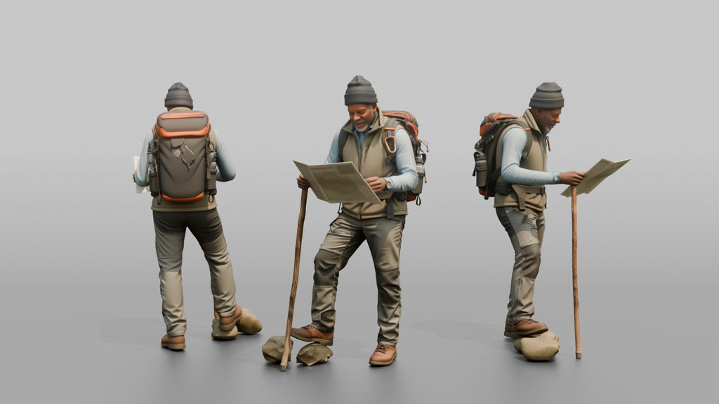 Hiker Leaning on a Walking Stick, Reading a Map