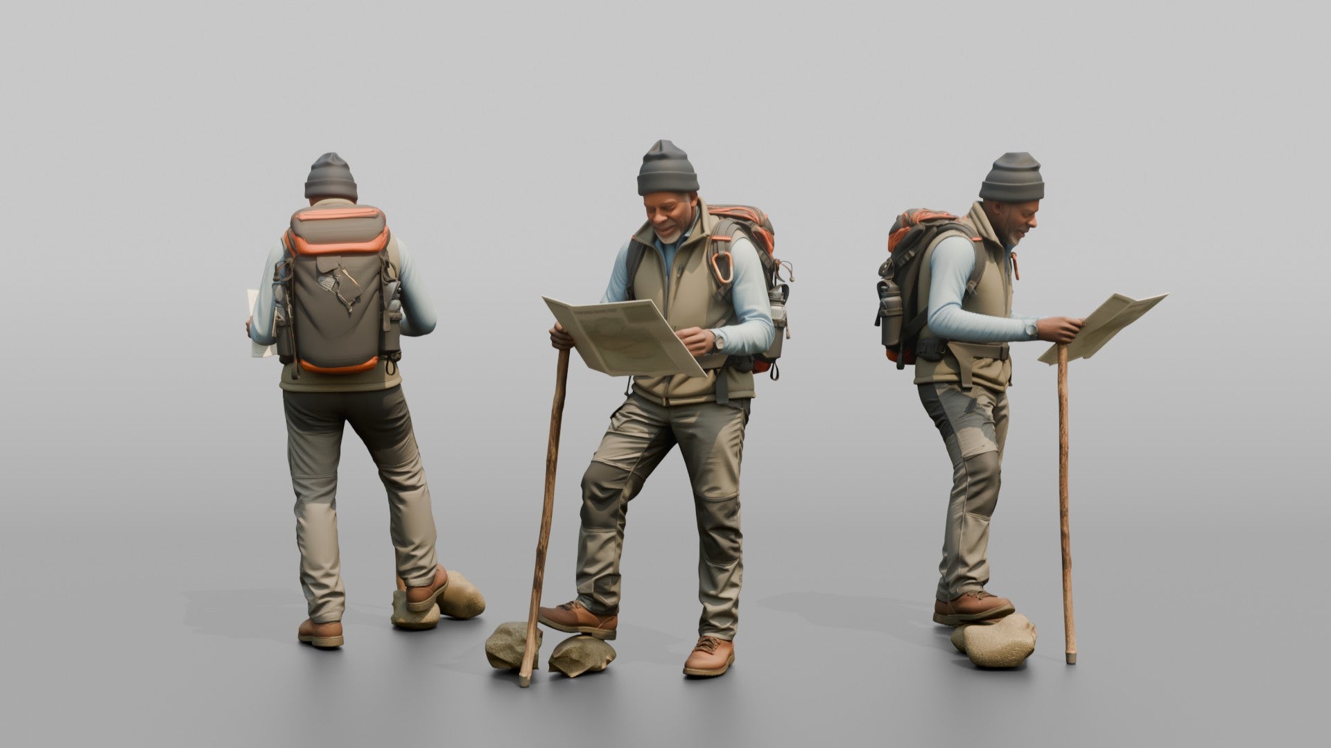 Hiker Leaning on a Walking Stick, Reading a Map