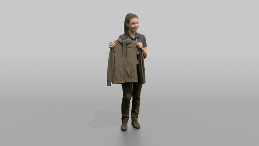 Woman Sales Associate Holding Up A Jacket For Size Comparison - 3D character model