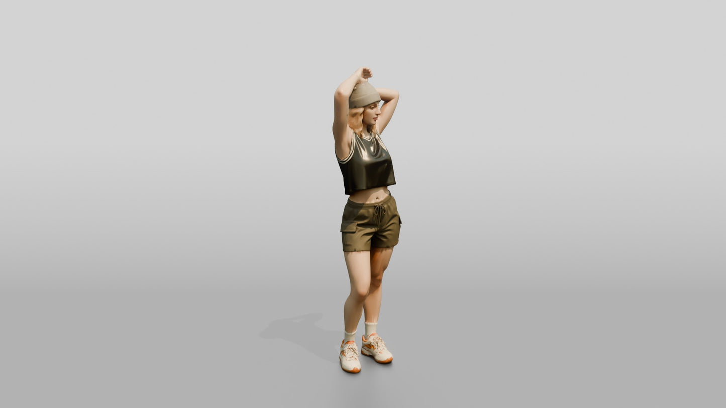 Woman Stretching Arms Overhead in Olive Cargo Shorts