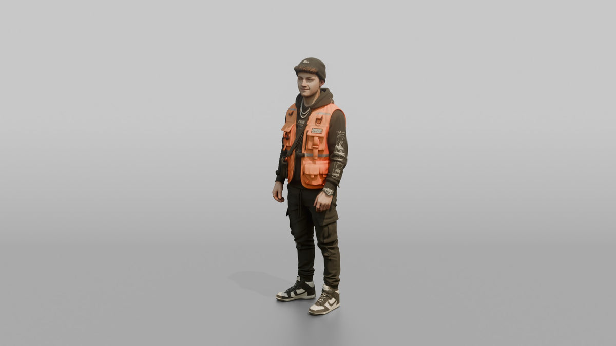 Patron Man Wearing A Bright Utility Vest Over Urban Streetwear, Confident Pose - 3D character model, view 4