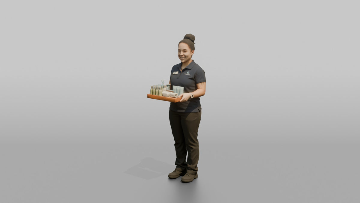 Housekeeping Staff Man Carrying A Tray Of Toiletries - 3D character model, view 4