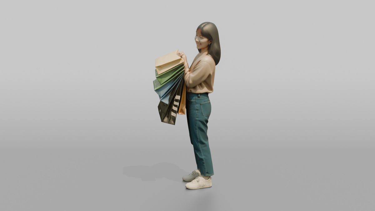 Woman Customer Holding Several Shopping Bags Stacked On One Arm - 3D character model, view 4