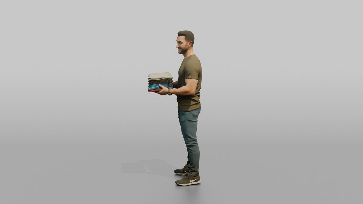 Man Customer Holding A Stack Of Folded T-shirts - 3D character model, view 4